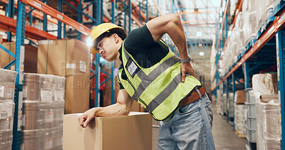 Buy stock photo Logistics, loader and man with backache in warehouse, injury and stock distribution or supply chain. Shipping, joint pain and person with muscle tension, workplace accident and safety risk in factory