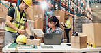 Logistics, manager or staff with clipboard in warehouse, stock import confirmation or storage checklist. Review, shipping or people with cargo receipt, inventory management or verify inbound freight