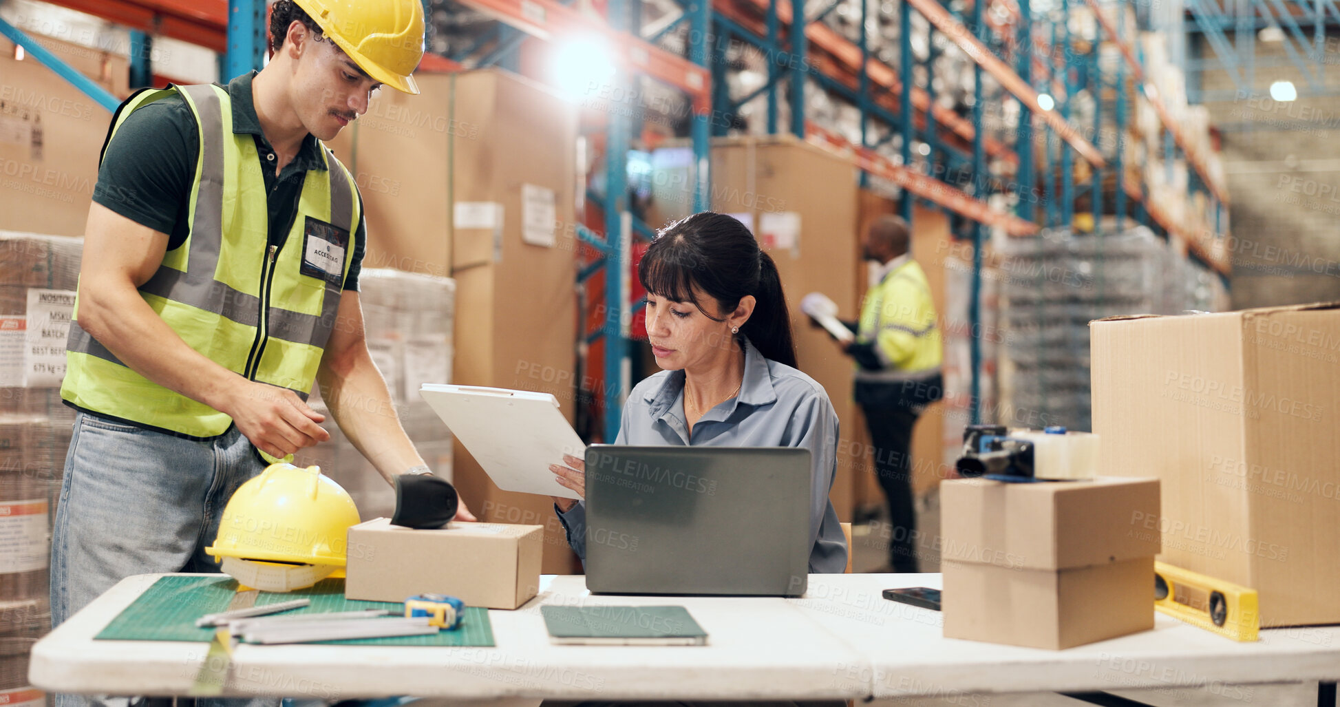 Buy stock photo Logistics, manager or staff with clipboard in warehouse, stock import confirmation or storage checklist. Review, shipping or people with cargo receipt, inventory management or verify inbound freight