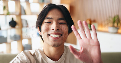 Buy stock photo Video call, portrait or Asian man in house with wave, online chat or friendly hello on app. POV, happy or male person in home with greeting, digital conversation or introduction on virtual site.