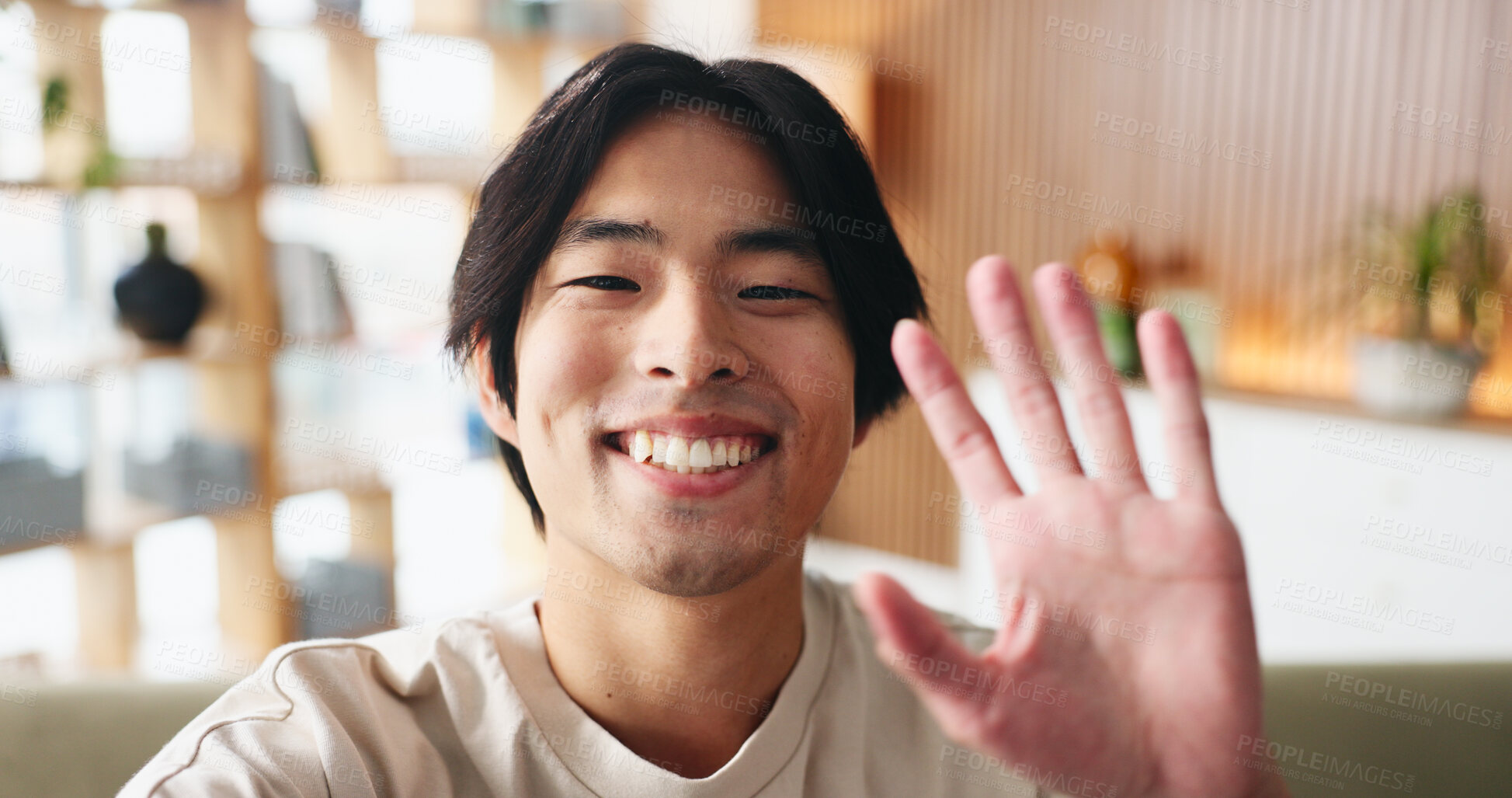 Buy stock photo Video call, portrait or Asian man in house with wave, online chat or friendly hello on app. POV, happy or male person in home with greeting, digital conversation or introduction on virtual site.