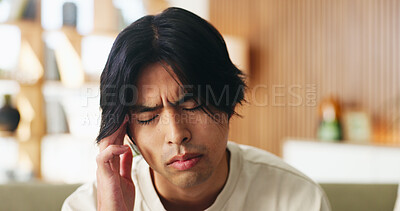 Buy stock photo Sick, man and headache in house with fatigue, unemployment crisis and symptoms of medical problem. Tired, person and migraine in living room with health issue, pain and burnout from jobless stress.