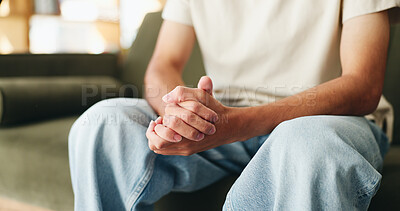 Buy stock photo Anxiety, hands and therapy with person on sofa for guidance, grief or trauma counselling. Concern, nervous and worry with patient in psychology session for communication, conversation or healing