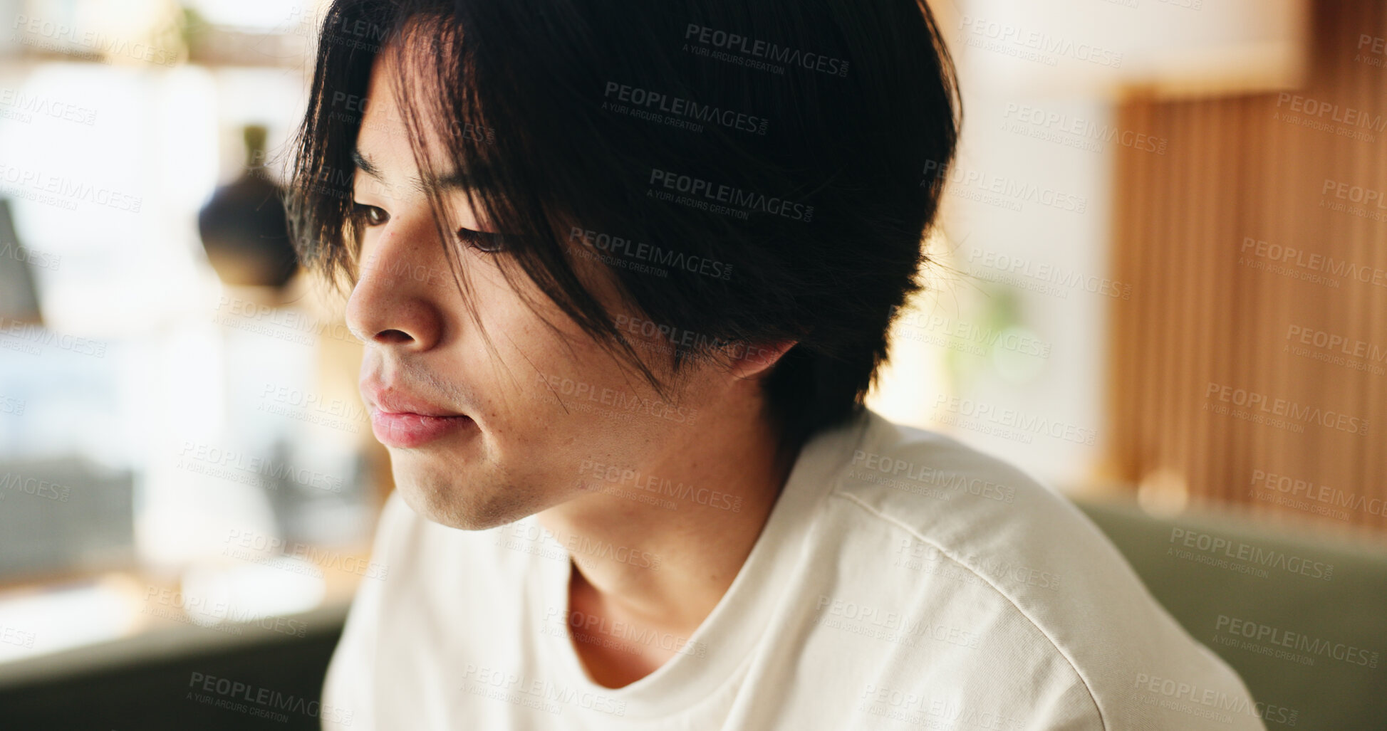 Buy stock photo Face, relax and thinking with Asian man on sofa in home living room for morning or weekend break. Comfortable, planning and vision with student in apartment for college, education or university ideas