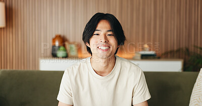 Buy stock photo Comfortable, portrait and relax with happy man on sofa in home living room for weekend break as student. Confidence, me time and smile with Asian university pupil on apartment couch in Japan