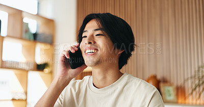 Buy stock photo Happy, Asian man and student with phone call in home for discussion, study agenda and feedback. Male person, mobile or contact college for course enrollment, education consultation and admission chat