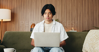 Buy stock photo Man, research and remote work on sofa with laptop, digital marketing website or plan for campaign. Freelancer, person and browse in home with computer, creativity and online branding for advertising.