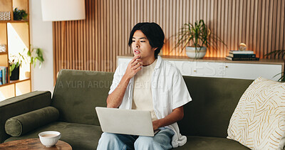 Buy stock photo Man, thinking and remote work on sofa with laptop, digital marketing idea or inspiration for project. Freelancer, person and reflection in home with computer, creativity and decision for advertising.