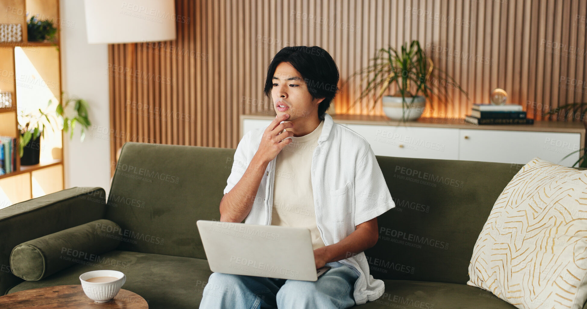 Buy stock photo Man, thinking and remote work on sofa with laptop, digital marketing idea or inspiration for project. Freelancer, person and reflection in home with computer, creativity and decision for advertising.