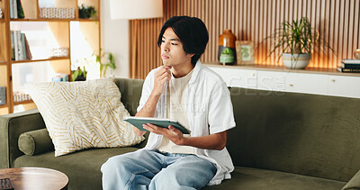 Buy stock photo Man, thinking and remote work on sofa with tablet, digital marketing idea or inspiration for project. Freelancer, person and reflection in home with tech, creativity or vision for online advertising.