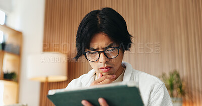 Buy stock photo Creative, thinking and man with tablet in business, glasses and planning for video submission on web. Content creator, eyewear and research for social media trends, reflection and person with tech