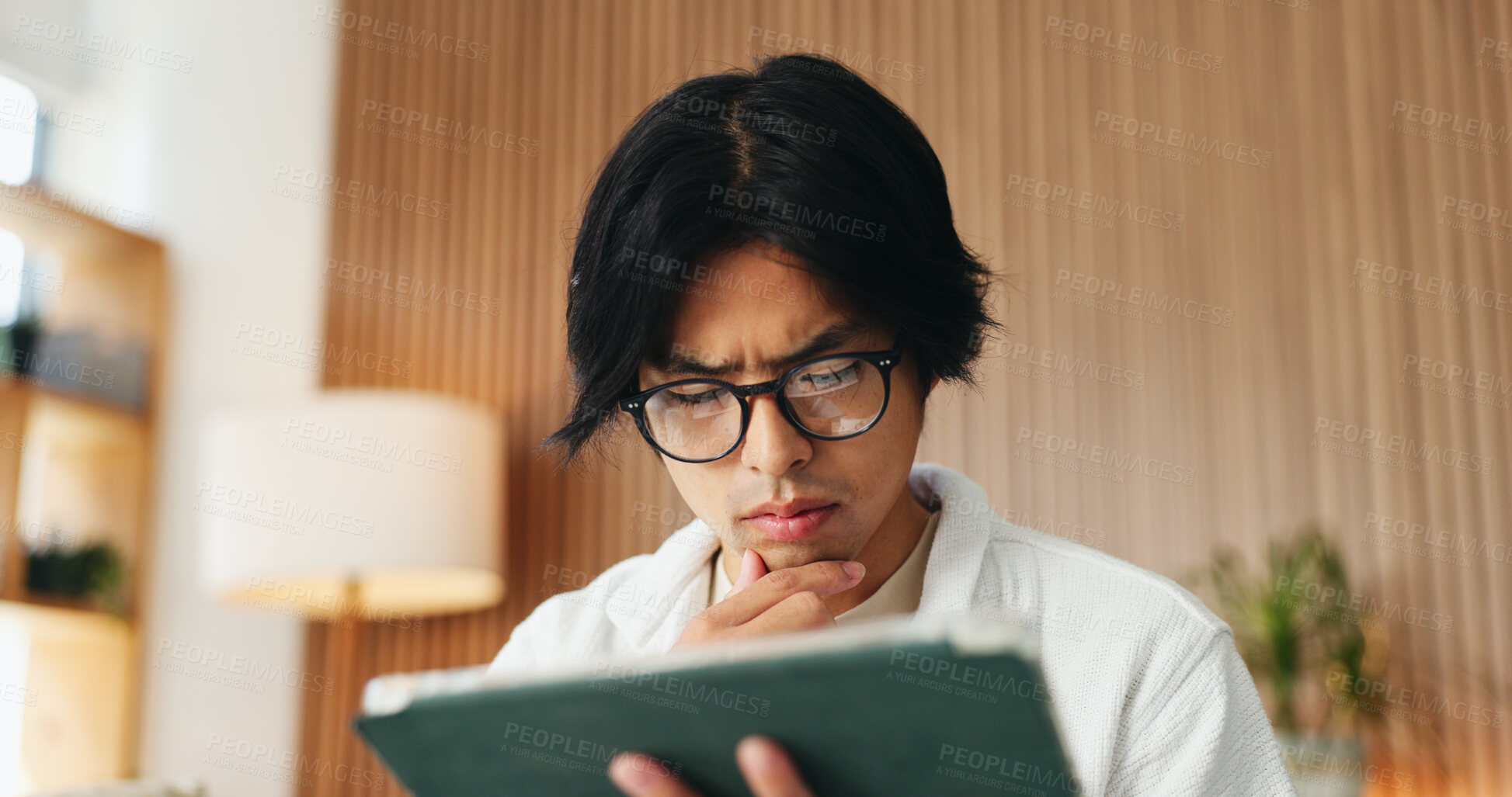 Buy stock photo Creative, thinking and man with tablet in business, glasses and planning for video submission on web. Content creator, eyewear and research for social media trends, reflection and person with tech
