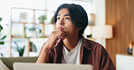 Man, thinking and remote work in home with laptop, digital marketing idea and inspiration for project. Freelancer, Asian person and reflection in house with computer, plan and vision for advertising.