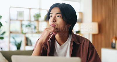 Buy stock photo Man, thinking and remote work in home with laptop, digital marketing idea and inspiration for project. Freelancer, Asian person and reflection in house with computer, plan and vision for advertising.