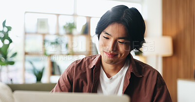 Buy stock photo Creative, online and man with laptop in office, content creator and happy with thumbnail on website. Social media, video editing and person with smile for assignment, review or upload with technology