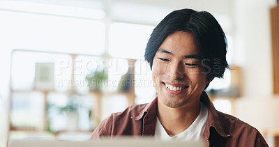 Buy stock photo Happy, online and man with laptop in office, review or creative for content creation on social media. Editor, video editing and person with smile for project, post production and planning for upload