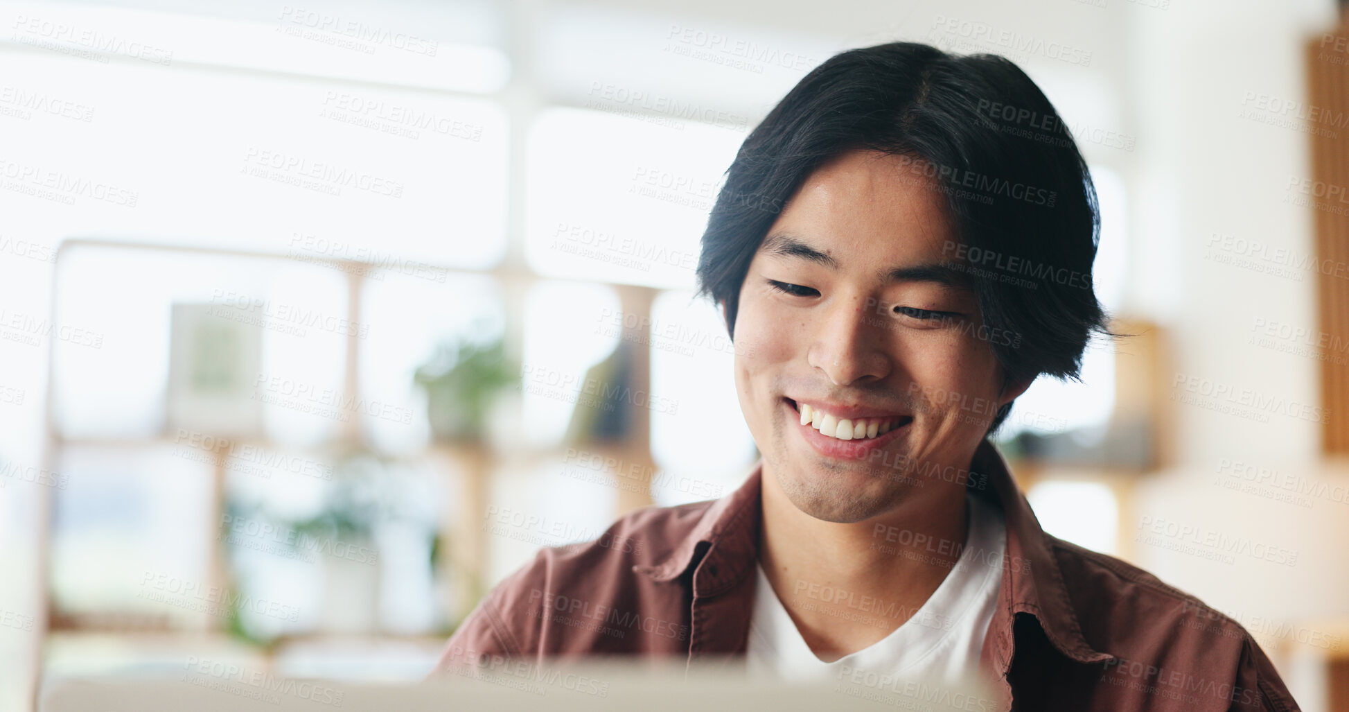 Buy stock photo Happy, online and man with laptop in office, review or creative for content creation on social media. Editor, video editing and person with smile for project, post production and planning for upload