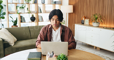 Buy stock photo Serious, online and man with laptop in office, review and content creation with software on website. Editor, video editing and person with tech for project, post production and planning for upload