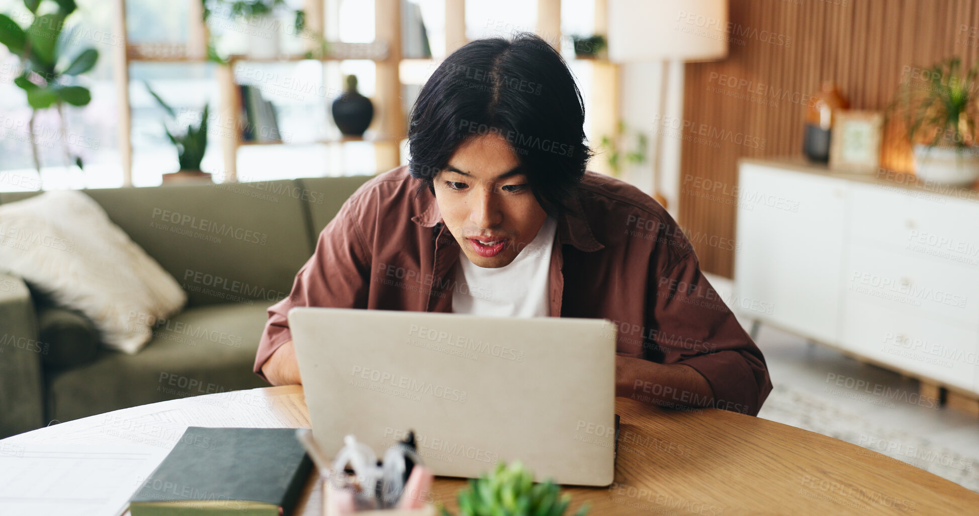 Buy stock photo Creative, surprise and man with laptop in office, journalist and notification for article on website. Shocked, reporter and person with tech for story review, reading or feedback for media project
