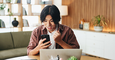 Buy stock photo Happy man, winning and fist pump with phone in home for good news, project success or achievement. Excited, male person or smile with mobile smartphone or laptop for promotion, bonus or victory