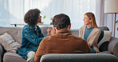 Buy stock photo Psychologist, man or couple therapy with conflict on sofa for infidelity, relationship assessment or advice. Back, doctor and people with fight in counseling for divorce, evaluation and marriage fail