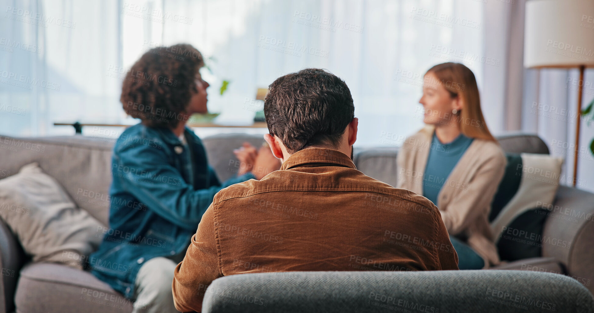 Buy stock photo Psychologist, man or couple therapy with conflict on sofa for infidelity, relationship assessment or advice. Back, doctor and people with fight in counseling for divorce, evaluation and marriage fail