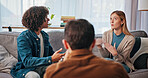 Psychologist, couple and conflict in counseling on sofa for infidelity, toxic relationship and broken trust. Doctor, interracial people and fight in therapy for marriage betrayal, cheating and affair