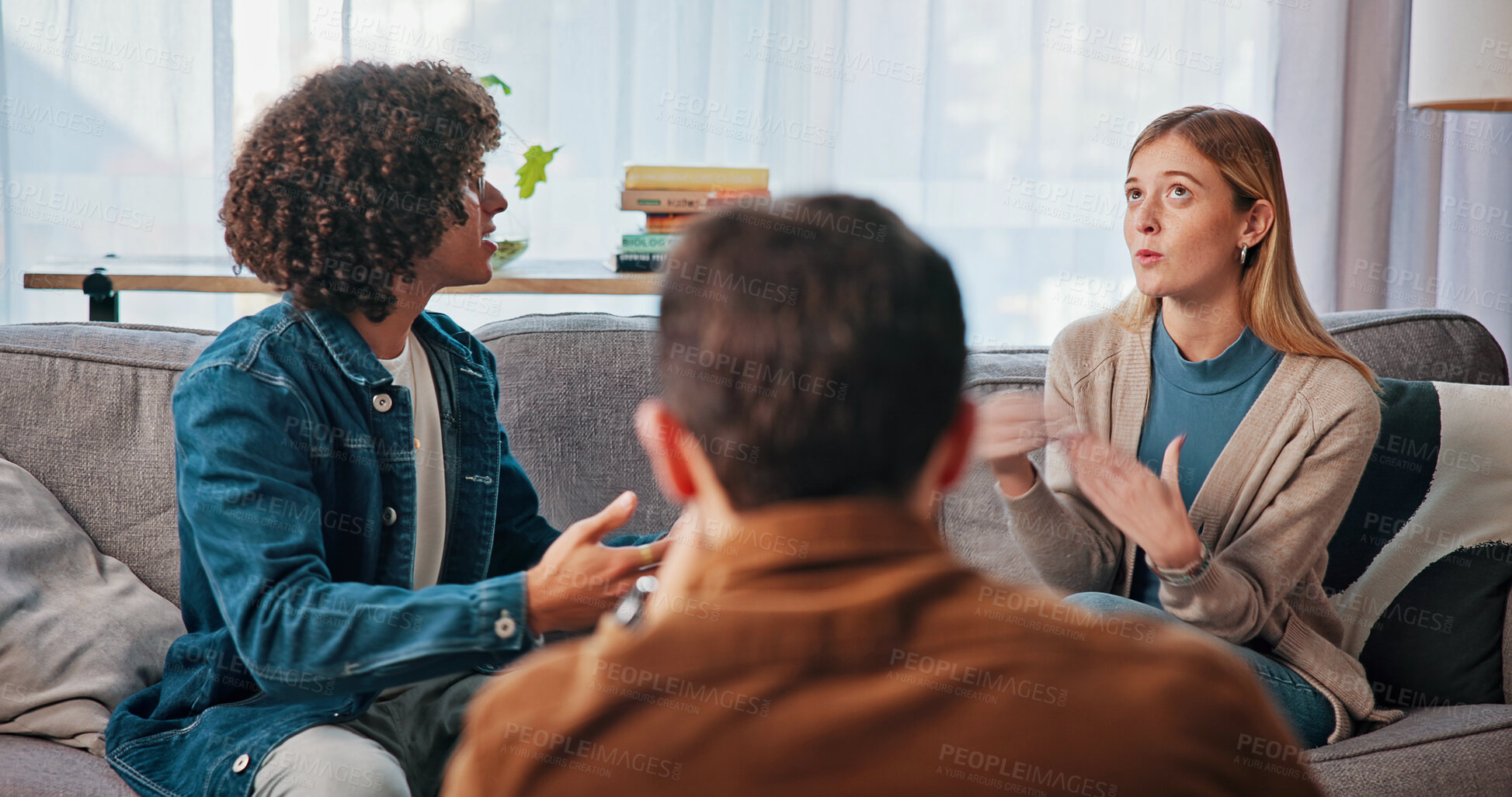 Buy stock photo Psychologist, couple and conflict in counseling on sofa for infidelity, toxic relationship and broken trust. Doctor, interracial people and fight in therapy for marriage betrayal, cheating and affair
