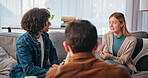Therapy, discussion and consulting with couple in office for conflict resolution, support and help. Relationship counseling, psychology solution and marriage fight with man and woman in clinic