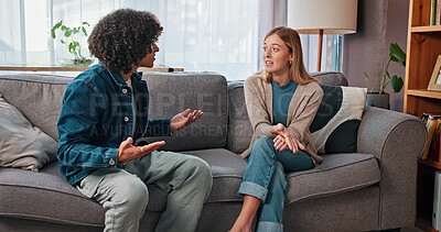 Buy stock photo Therapy, fight and talking with couple in office for conflict resolution, support and help. Relationship counseling, psychology solution or marriage discussion with man and woman in clinic for crisis