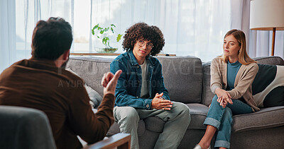 Buy stock photo Therapy, support and advice with couple in office for conflict resolution, discussion and help. Relationship counseling, psychology solution and marriage tips with man and woman in clinic for talk