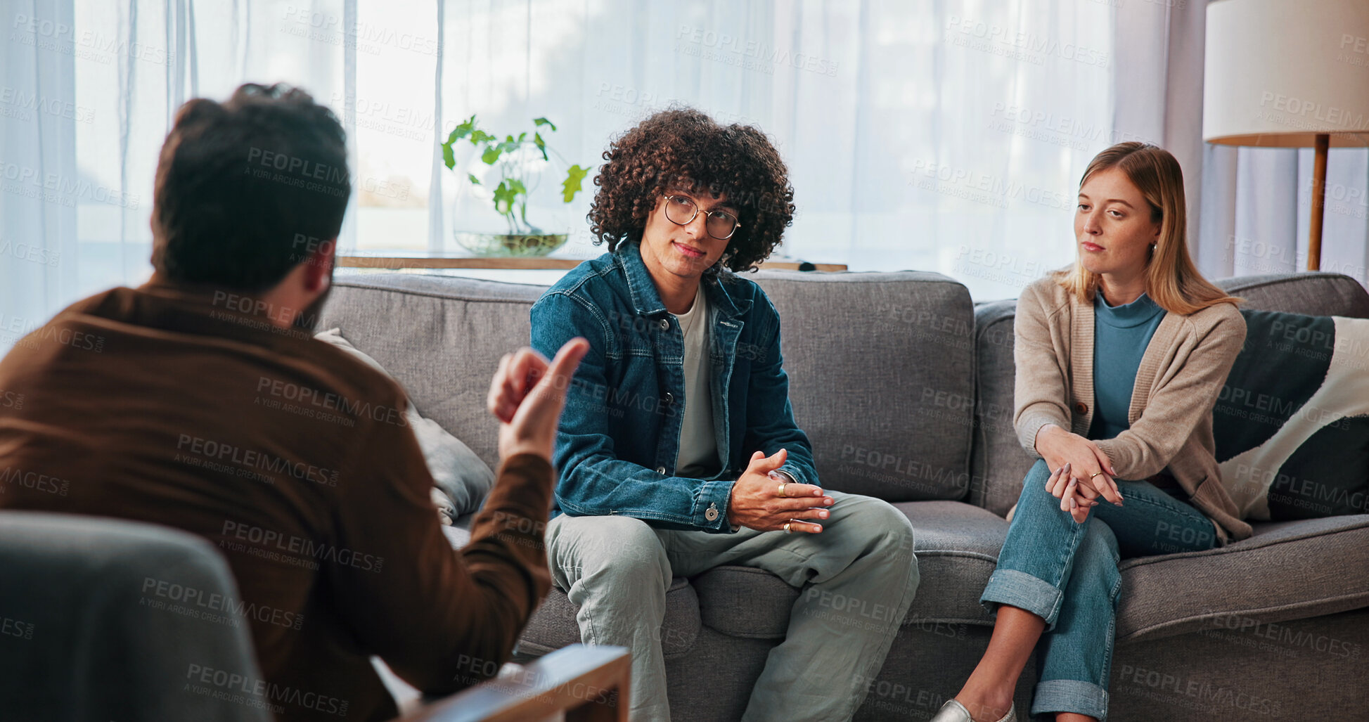 Buy stock photo Therapy, support and advice with couple in office for conflict resolution, discussion and help. Relationship counseling, psychology solution and marriage tips with man and woman in clinic for talk