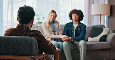 Buy stock photo Therapist, couple and holding hands in counseling for love, support or advice for relationship. Man, woman or consultation with psychologist for marriage, guidance or help in office for mental health
