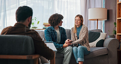 Buy stock photo Therapy, holding hands and consulting with couple in office for healing, support and help. Relationship counseling, psychology solution and marriage partner with man and woman in clinic for advice