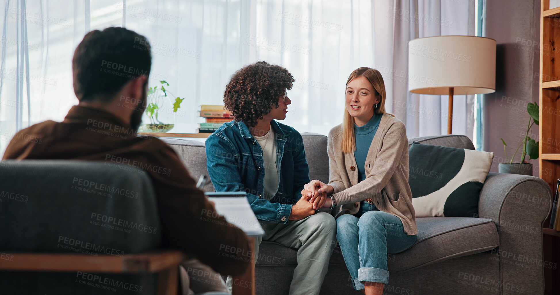 Buy stock photo Therapy, holding hands and consulting with couple in office for healing, support and help. Relationship counseling, psychology solution and marriage partner with man and woman in clinic for advice
