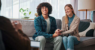 Buy stock photo Therapist, happy couple and holding hands in counseling for love, support or reconciliation. Man, woman and consultation with psychologist for advice, saved marriage or help in office with solution