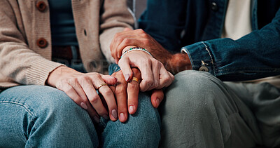 Buy stock photo Couple, therapy and holding hands for support, trust and commitment for relationship, love and care. Counseling, appointment and affection for partner, people and waiting for consultation or help