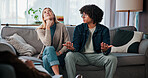 Psychology, couple and fight in therapy on sofa for infidelity, toxic relationship and trust issue. Divorce, talking and interracial people with conflict in counseling for betrayal, affair and crisis