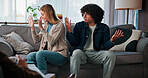 Psychology, couple and fight in counseling on sofa for infidelity, toxic relationship and broken trust. Divorce, angry and interracial people with conflict in therapy for betrayal, cheating or crisis