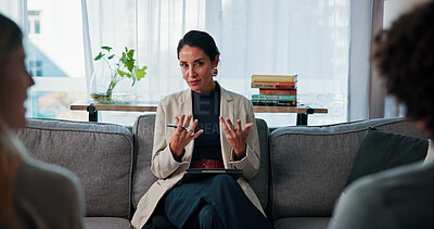 Buy stock photo Therapist, discussion and consulting with couple in office for conflict resolution, support and help. Relationship counseling, psychology solution and marriage advice with man and woman in clinic