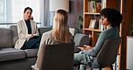 Therapy, talk and counseling with couple in office for healing, support and help. Relationship therapist, psychology solution and marriage partner with man and woman in clinic for advice session