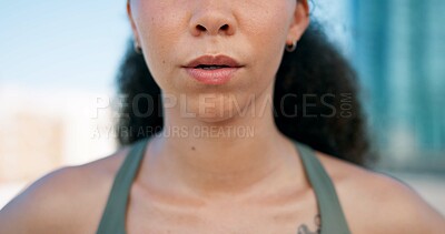 Buy stock photo Runner, breathe and mouth of woman in city for break from exercise, workout and training. Sports, closeup and person in town for rest, challenge and fitness for active hobby, wellness and health