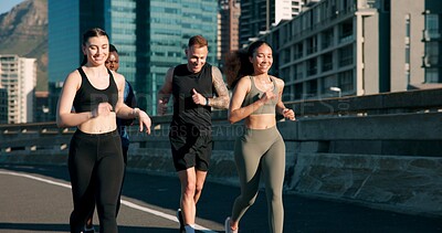 Buy stock photo Happy people, fitness or running with friends in city street for cardio workout or outdoor exercise. Active, group or runners with smile on road for physical activity, race or training in urban town