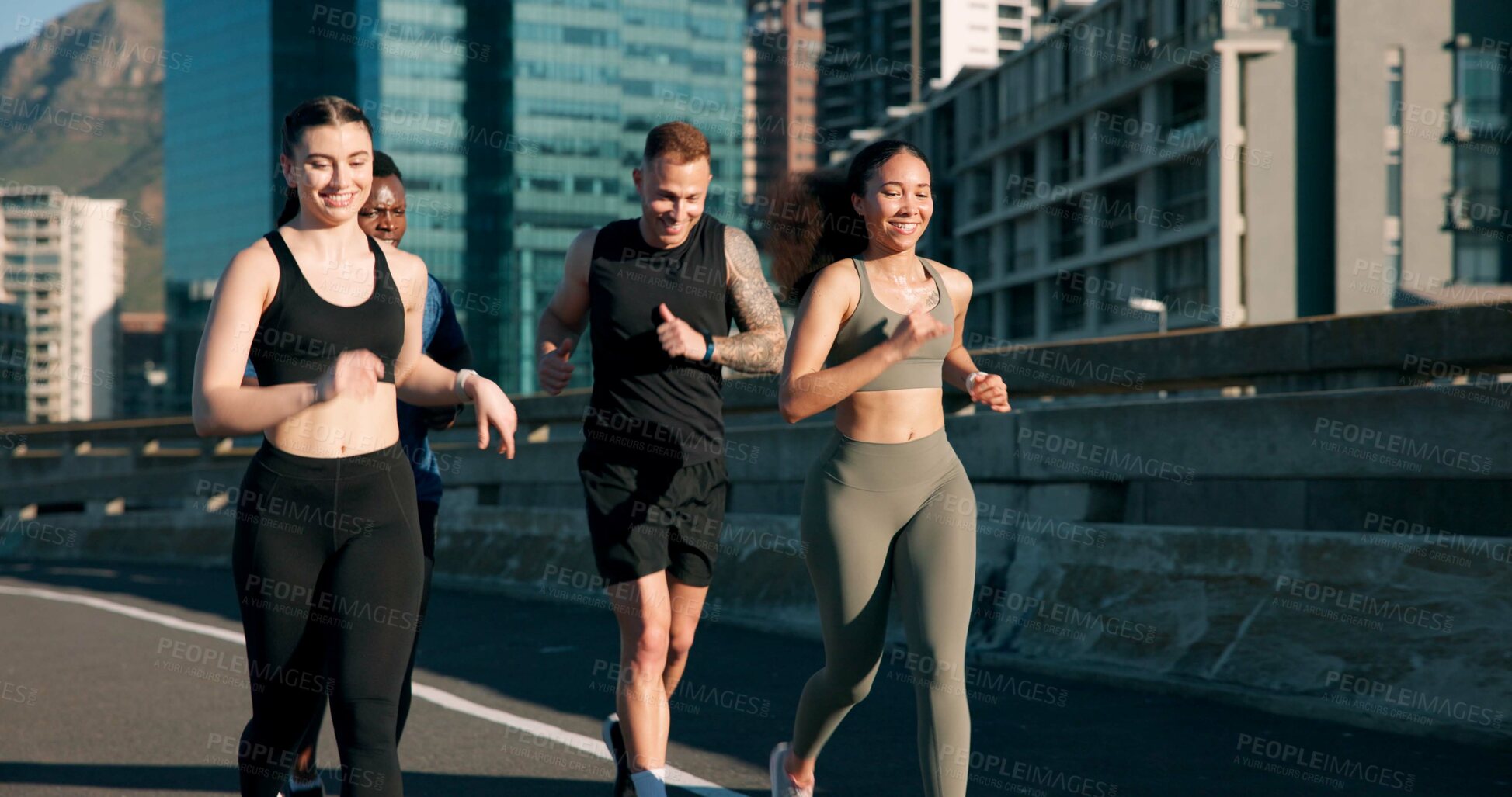 Buy stock photo Happy people, fitness or running with friends in city street for cardio workout or outdoor exercise. Active, group or runners with smile on road for physical activity, race or training in urban town