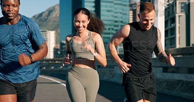 Buy stock photo Active friends, happy and running on bridge, fitness and training for marathon in city and together. Outdoor, athlete and people with smile on race, wellness and workout routine for sport tournament