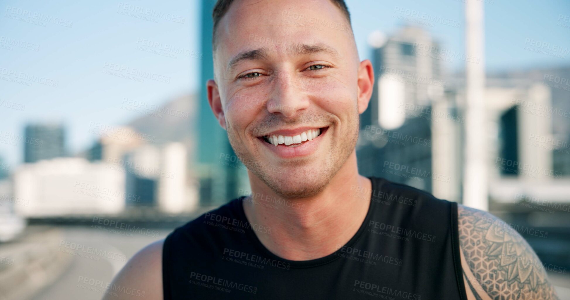 Buy stock photo Runner, happy and portrait of man in city for break from exercise, workout and training. Sports, smile and person in town for rest, challenge and fitness for active hobby, wellness and health