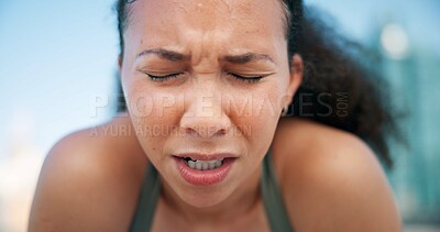 Buy stock photo Runner, breathe and face of tired woman in city for break from exercise, workout and training. Sports, fatigue and person in town for rest, challenge and fitness for active hobby, wellness and health
