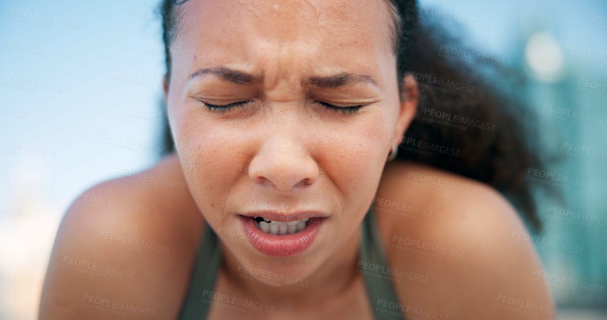 Buy stock photo Runner, breathe and face of tired woman in city for break from exercise, workout and training. Sports, fatigue and person in town for rest, challenge and fitness for active hobby, wellness and health