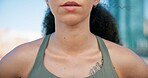 Runner, breathe and neck of woman in city for break from exercise, workout and training. Sports, closeup and person with fatigue for rest, sweat and fitness for active hobby, wellness and health
