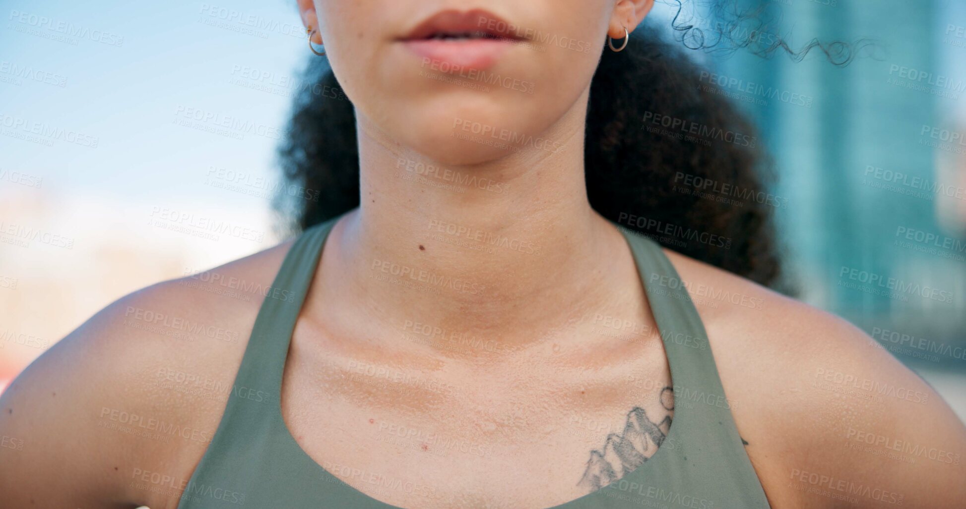 Buy stock photo Runner, breathe and neck of woman in city for break from exercise, workout and training. Sports, closeup and person with fatigue for rest, sweat and fitness for active hobby, wellness and health
